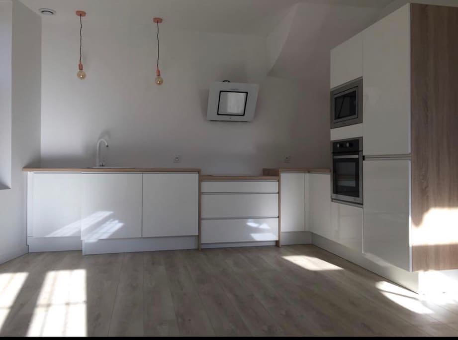Cuisine toute équipée. Cookeo disponible, frigo, micro-onde, four, lave vaisselle, plaque.
