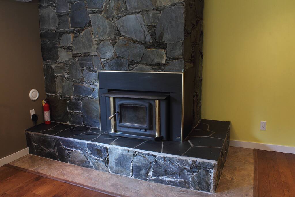 Dining room wood stove.