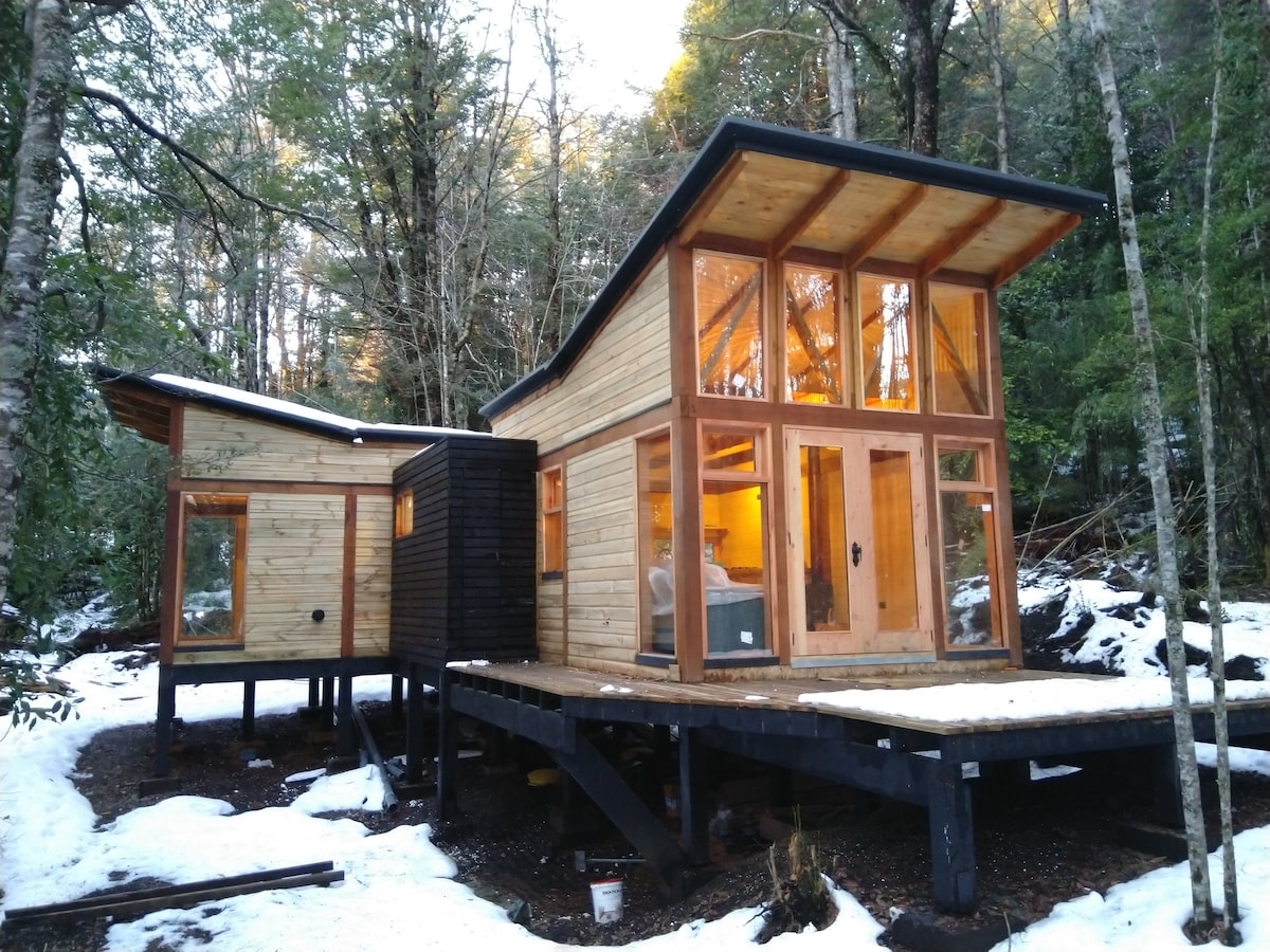A sustainable cabin is positioned among trees, featuring a combination of wooden walls and large glass windows. The structure is elevated above the snowy ground, with a cozy interior visible through the windows, enhancing the connection with the surrounding nature.