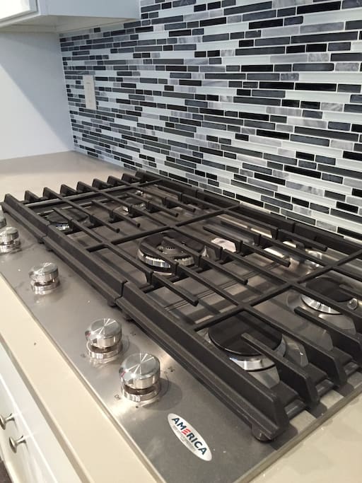 Closeup of 5-burner gas range.