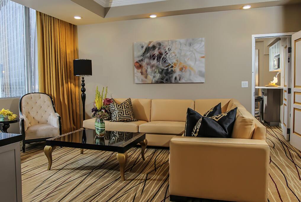 Modern and chic living room with pull-out queen size bed