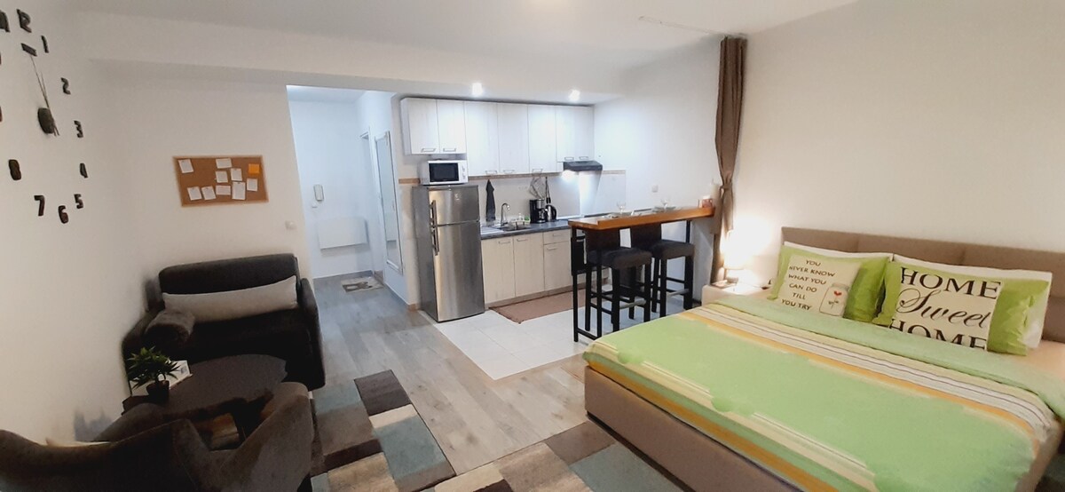 A modern studio apartment features a spacious sleeping area with a green accent blanket over the bed. A kitchenette with stainless steel appliances is visible, alongside a dining bar and stools. A cozy seating area with an armchair complements the open layout.