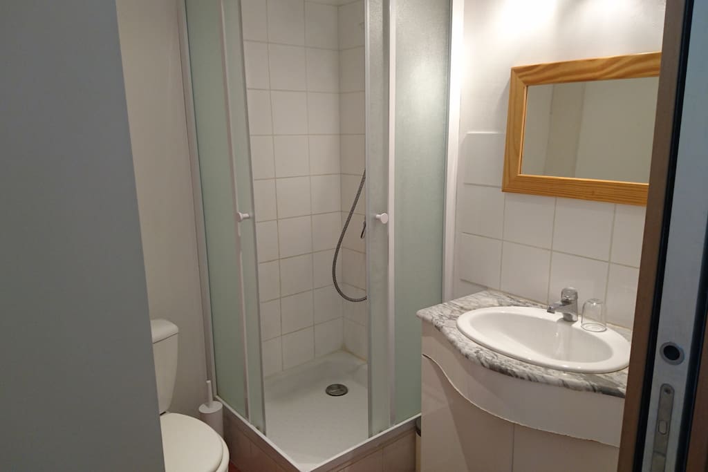 Douche, lavabos, rangement pour les affaires de toilette et bien entendu le WC.