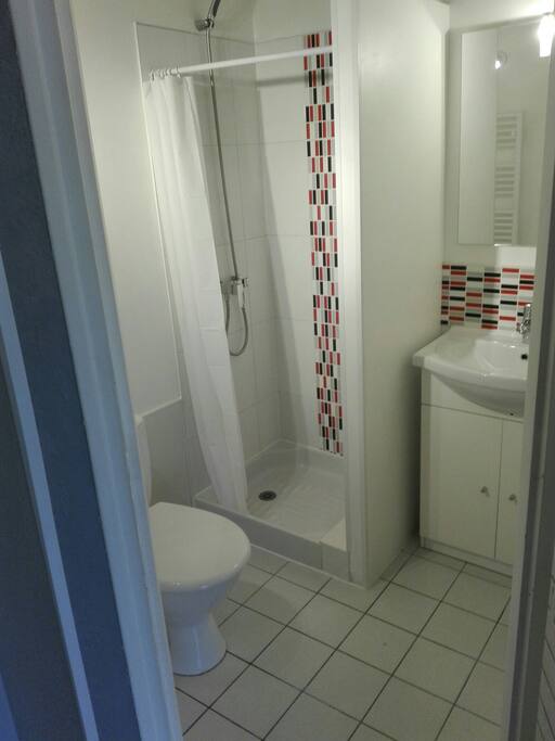 salle de bain douche WC et lavabo plus sèche serviette
