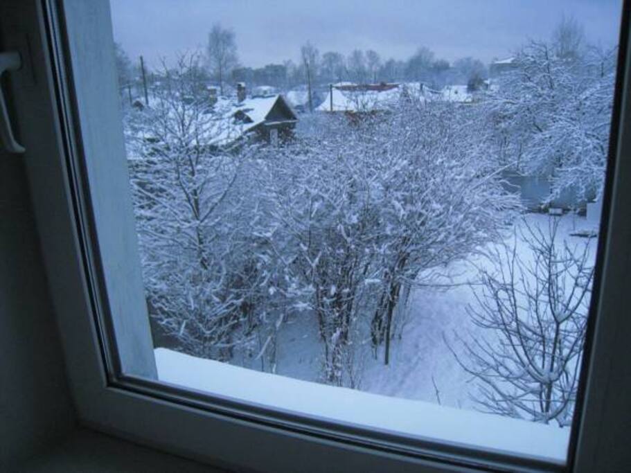 Вид на сад из окна дома. Зима.