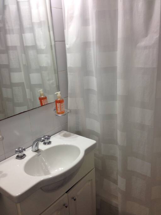 Tiny bathroom with amazing shower!