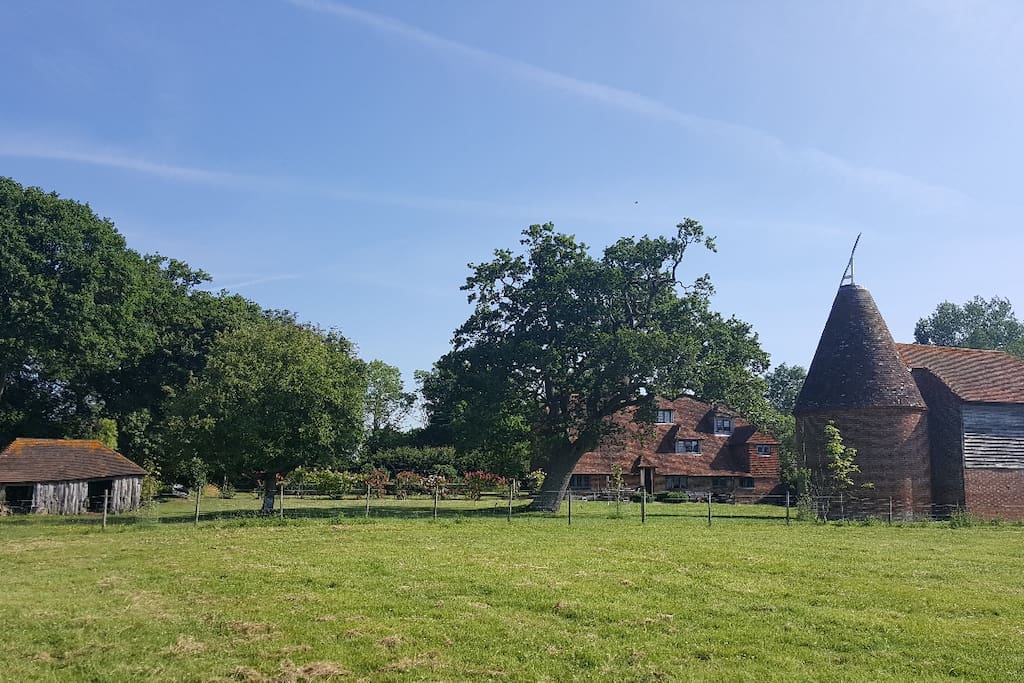 View of house, oast and wonky pig shed from our field