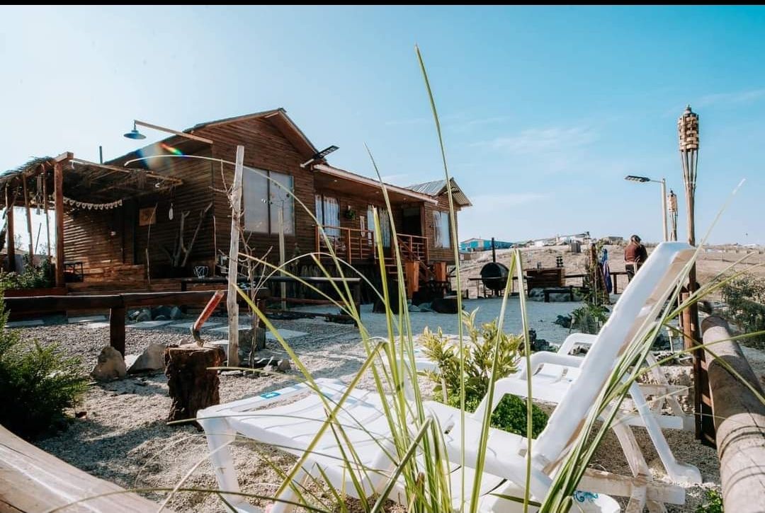 A charming cabin surrounded by greenery features a relaxing outdoor area with lounge chairs. The deck is accessible and overlooks a gravel pathway. Large windows invite natural light into the interior, enhancing the connection with the serene outdoor environment.