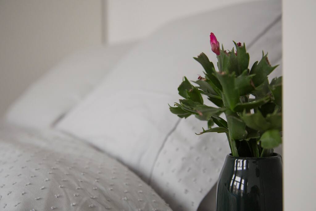 1st bedroom with a double bed and a French balcony overlooking the street.