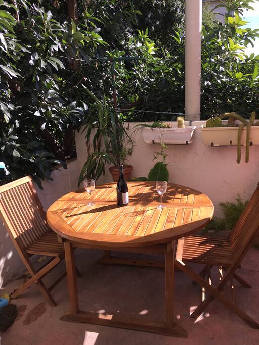 La terrasse est exposée plein sud à l abri d'avocatier Vous disposez d une table pour déjeuner et dîner au calme .