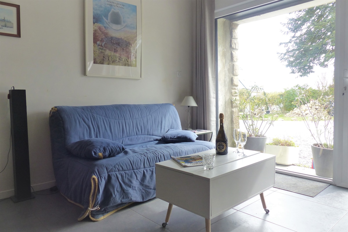 Coin détente plein sud sur jardin et lit BZ
Utilisable en chambre si besoin (plutôt que le couchage des mezzanines = au choix!..)