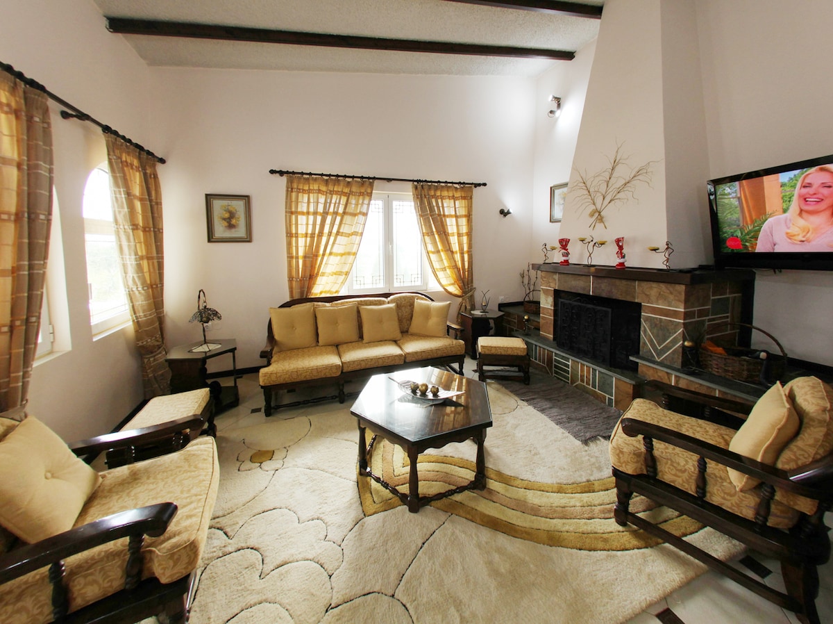 A spacious living area features a comfortable arrangement of rustic seating, including a sofa set and armchairs. A decorative coffee table is placed centrally on a patterned rug. Large windows are adorned with light curtains, and a fireplace adds warmth to the atmosphere.