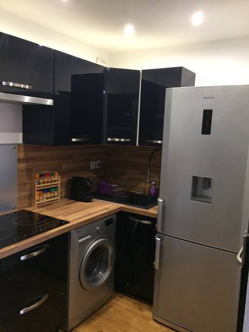 Cuisine équipée avec four, plaque vitro, frigo, micro onde et machine à laver