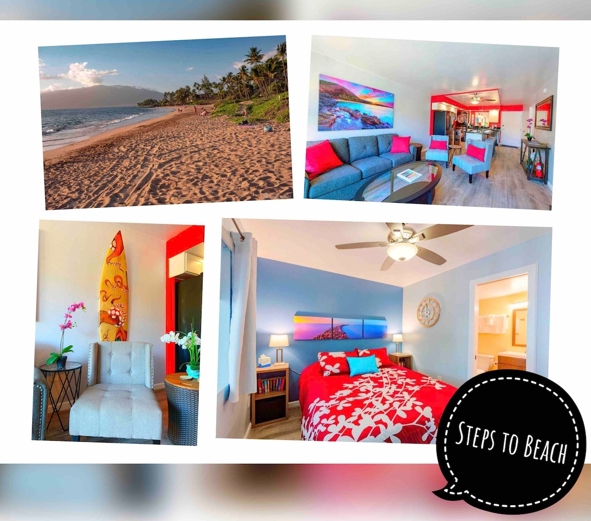 The collage showcases a scenic beach view, featuring golden sand and swaying palms. A cozy living area is highlighted with modern seating and vivid wall art. A welcoming bedroom displays a vibrant color scheme with a ceiling fan, while a stylish corner offers a comfortable chair and decorative plants.