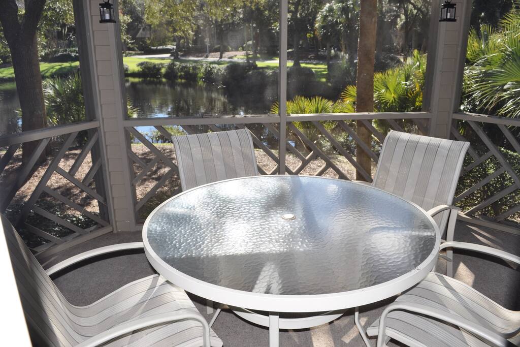 Screened porch with lagoon views