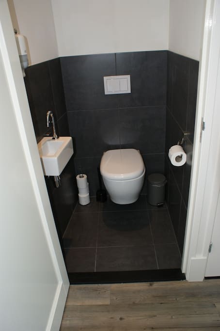 On the left side you will find the toilet.