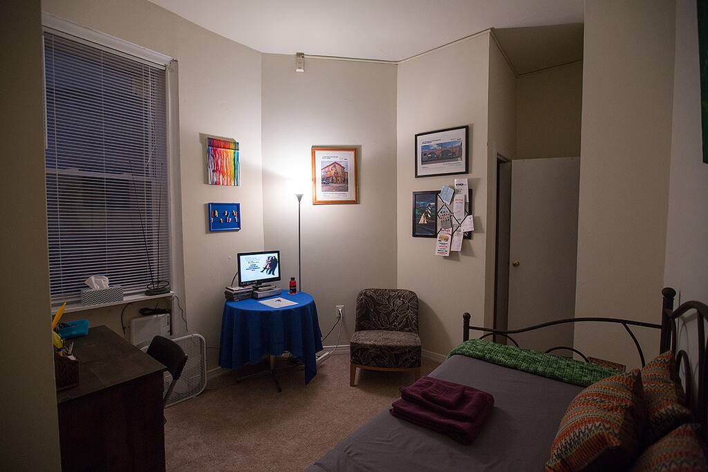 Room also has a box fan encase you prefer sleeping with white noise. (Mini-fridge and microwave are pictured later)