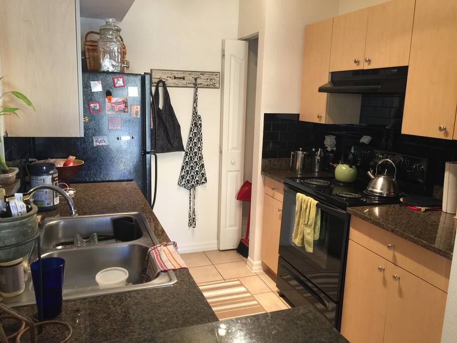 Full kitchen, dishwasher and use of all appliances, dish wear and pots and pans. NO MICROWAVE THOUGH.