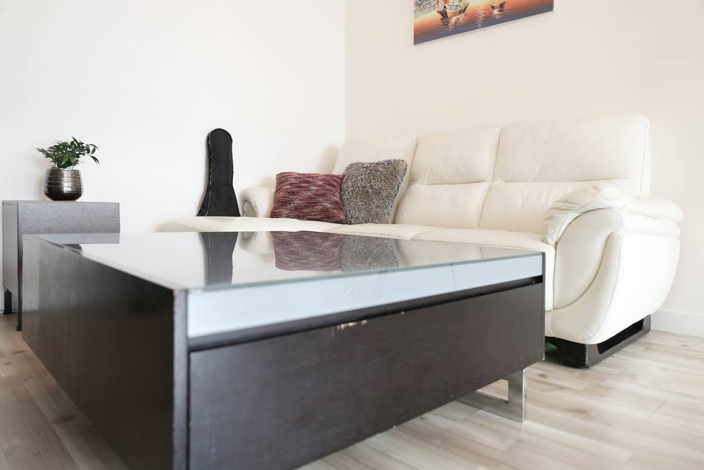 Coffee table and sofa.