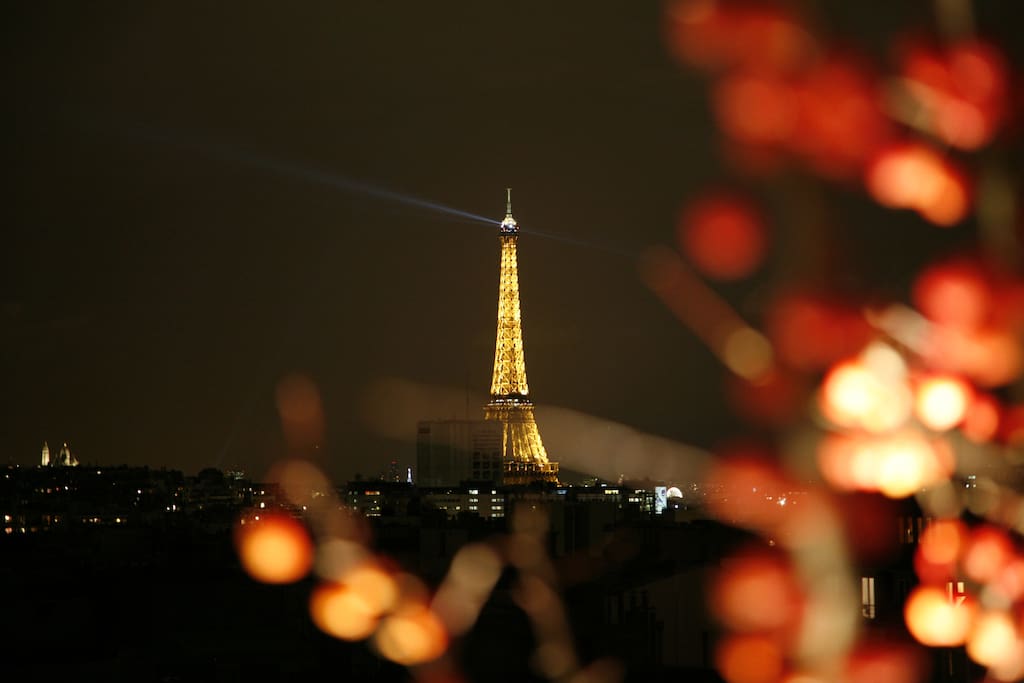 Vue directe sur la Tour Eiffel depuis la terrasse et la chambre