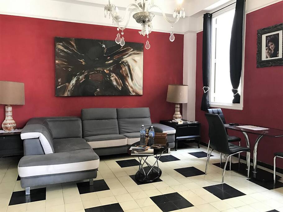 Spacious fully furnished Living room with TV 50", Wireless speaker and fridge.