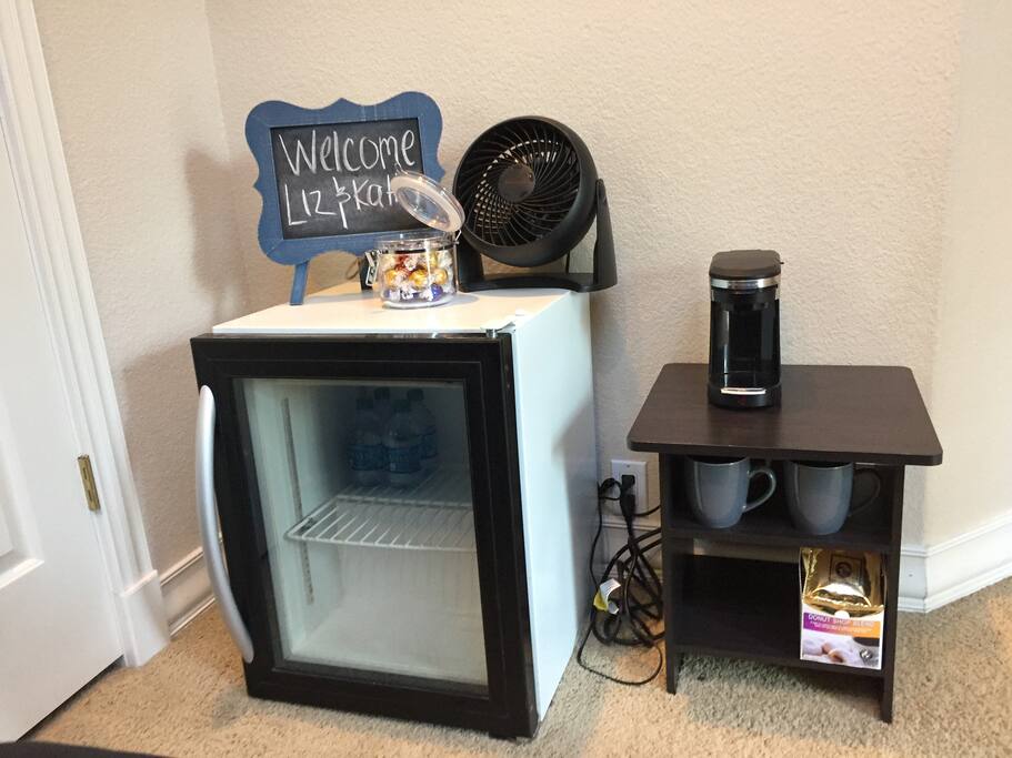 Mini Fridge and Coffee Maker.