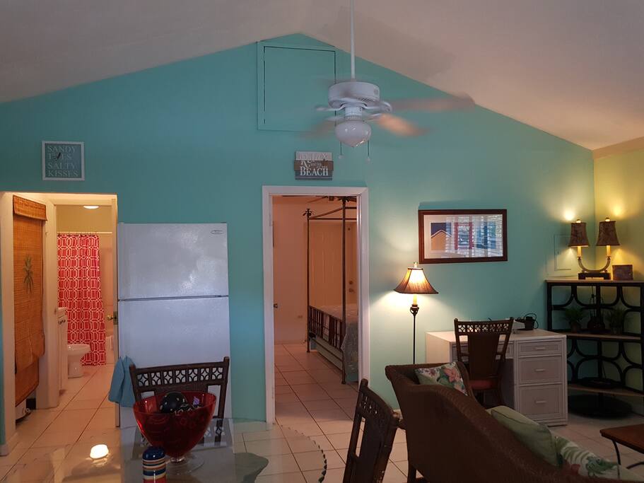 Looking into the bedroom & bathroom from the living room
