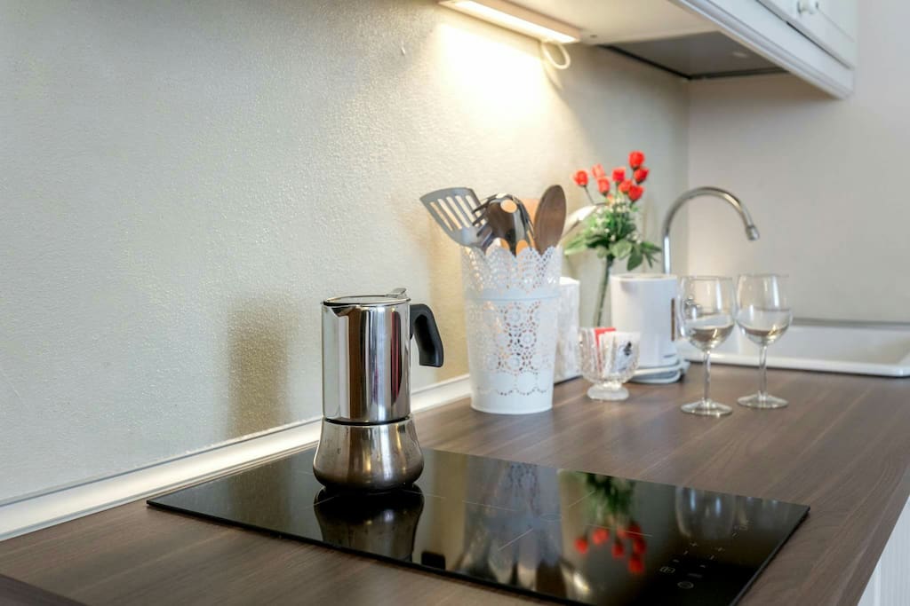 Detail of the kitchen. you can see the induction stove and the coffee italian moka :)