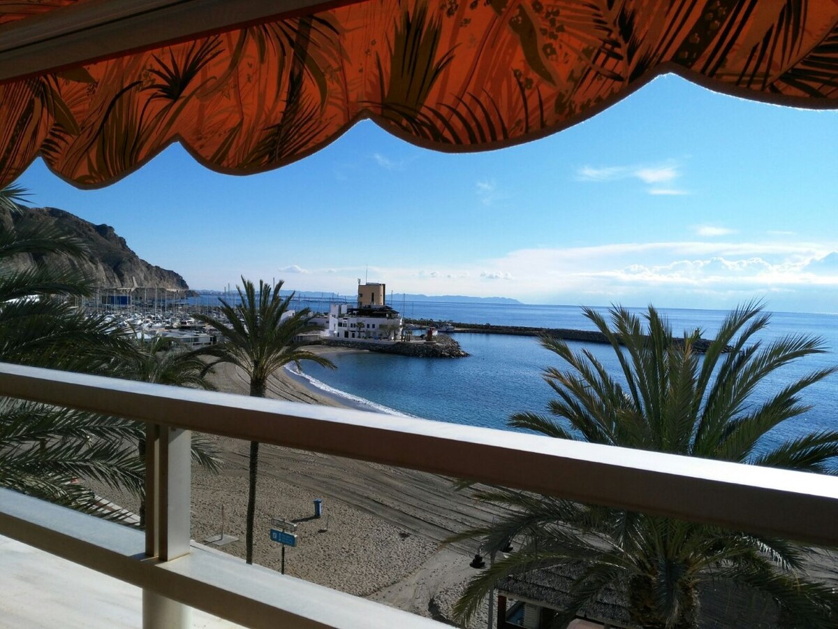 A view overlooking the beach features clear blue water and a distant marina. Palm trees line the foreground, and the coastline is visible under a bright sky. The vibrant awning adds a pop of color to the scene.