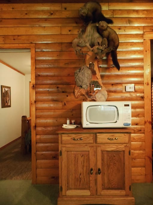 Small kitchenette with a microwave, paper plates, cups, silverware, napkins, salt and pepper