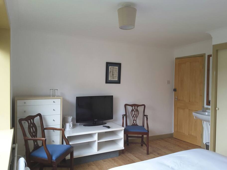The room has a 40 inch TV, sink and seating.