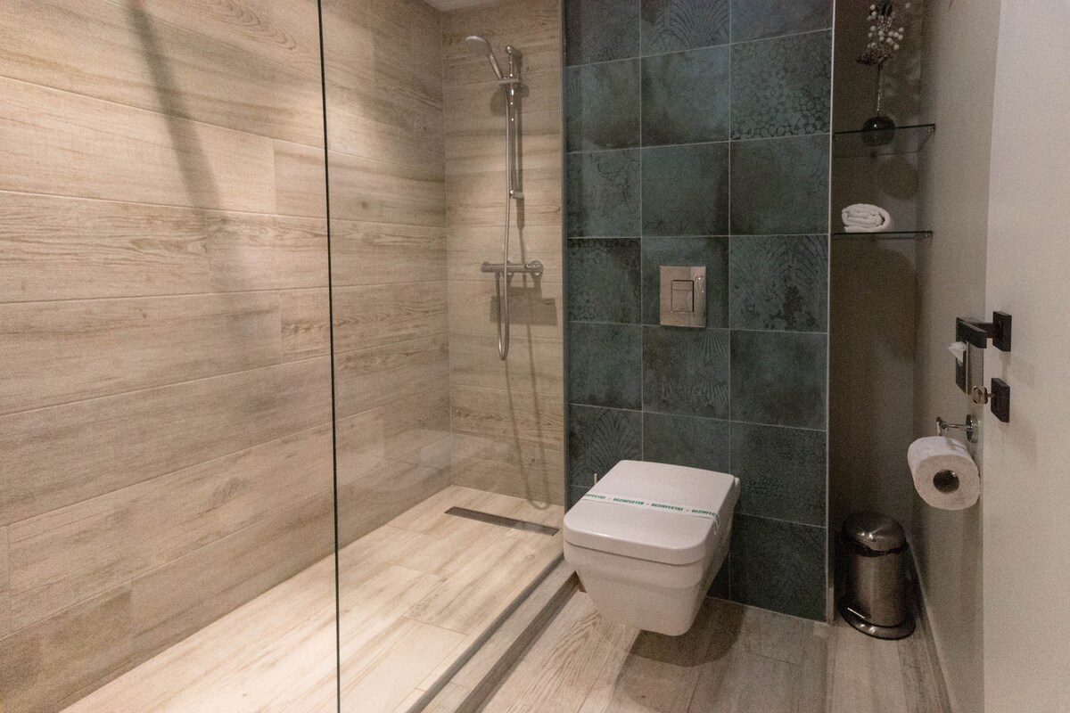 A modern bathroom is depicted with wood-like tiles covering the floor and wall, complemented by a green accent wall. A glass shower enclosure features a rainfall showerhead. A sleek toilet and minimalistic accessories are arranged for a tidy appearance.
