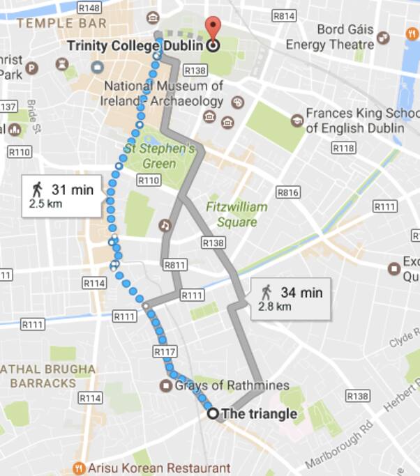 2 Luas stops or a 30 minute walk to the City centre