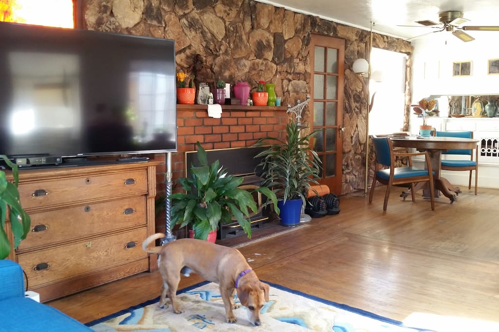 Living room to dining room. 60-inch HDTV, fireplace, hardwood floors, Chinese art deco rug.