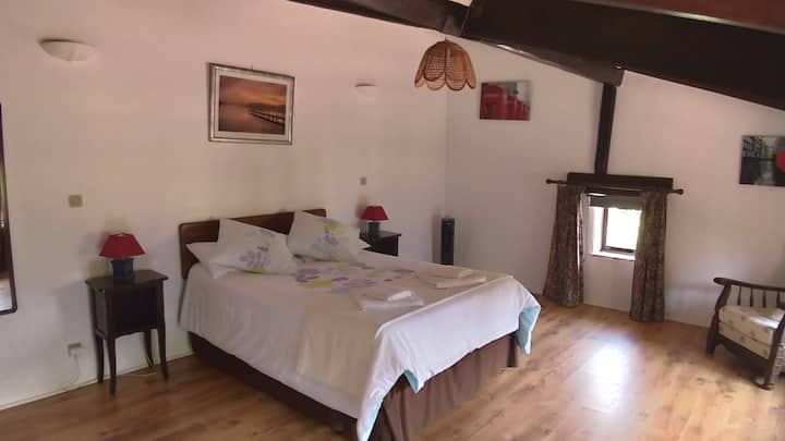 Amplia habitación familiar en el primer piso. Cama doble y cama individual,
incluye persianas opacas, ventilador de pie, ropa de cama y toallas. 

Cuna de viaje disponible a pedido