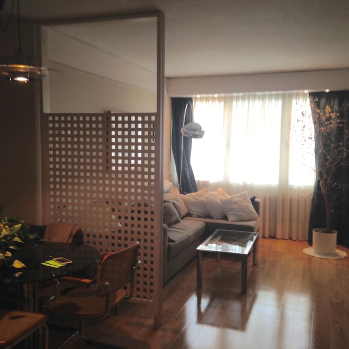 Living area with cable and pull out bed for two