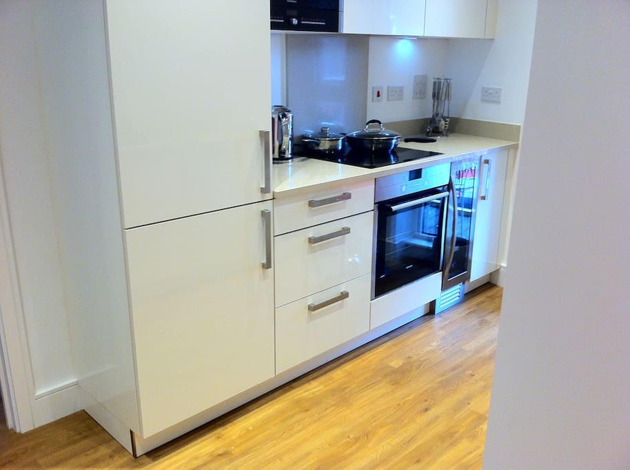 brand new kitchen with microwave, wine cooler, oven, fridge/ freezer, dishwasher and lots of storage space