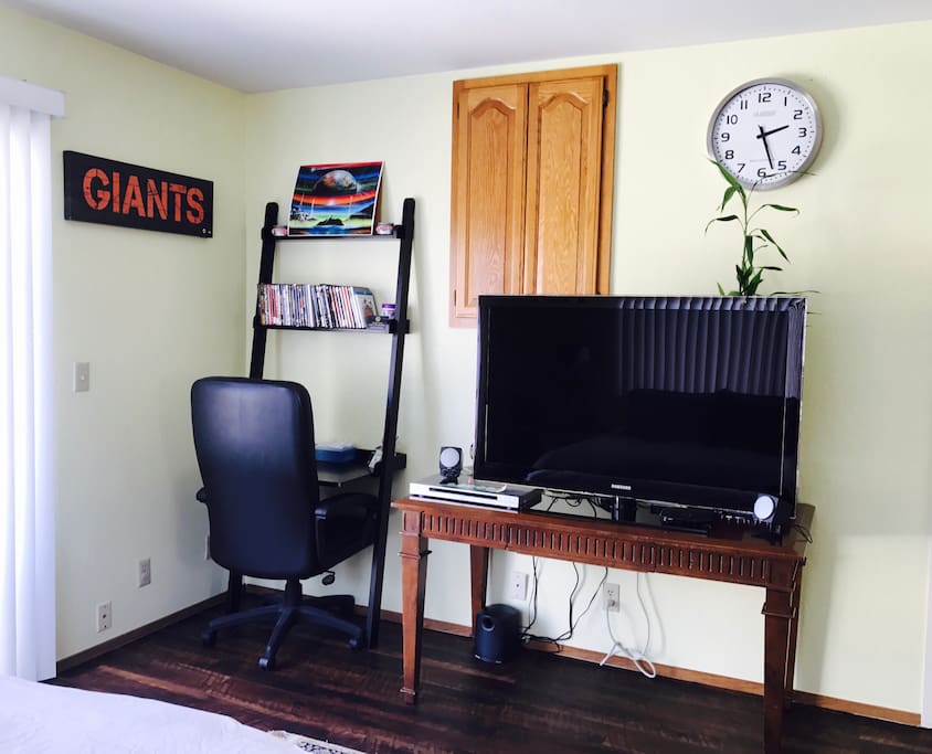 Your work desk, big screen TV with free Netflix and Direct TV as well as Roku to stream your own account to Hulu or Vudu etc... DVD player with lots of movies to choose from.