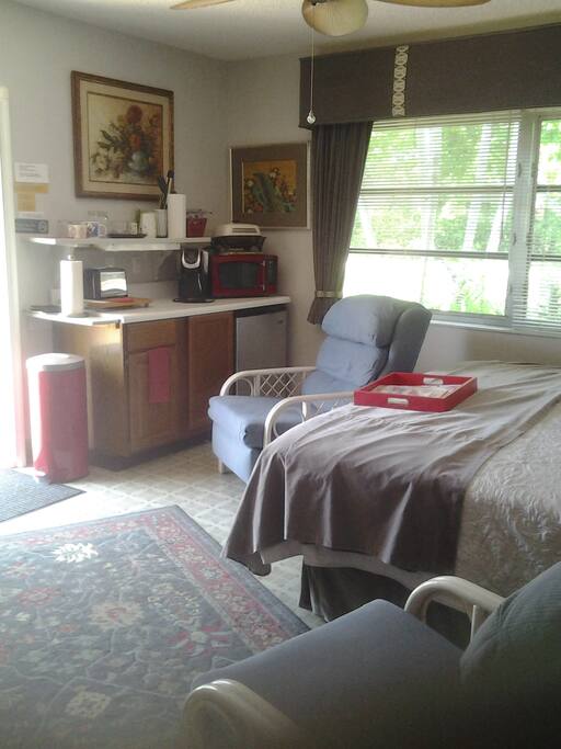 Guest room with king bed, kitchenette