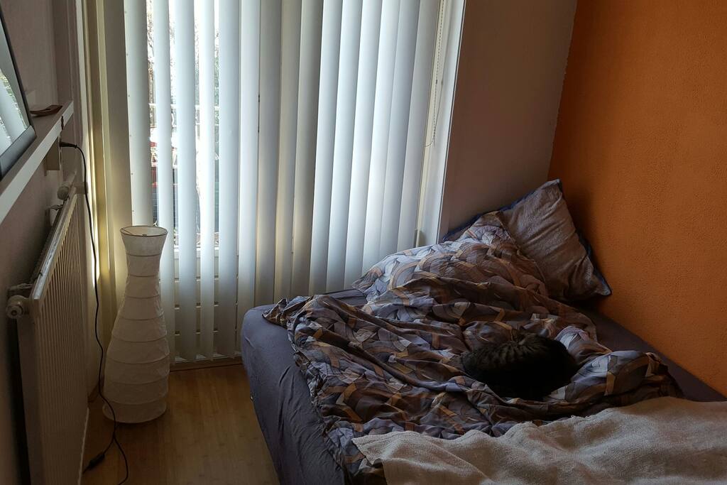 Bedsize is 200 x 140 and fills up most of the room.