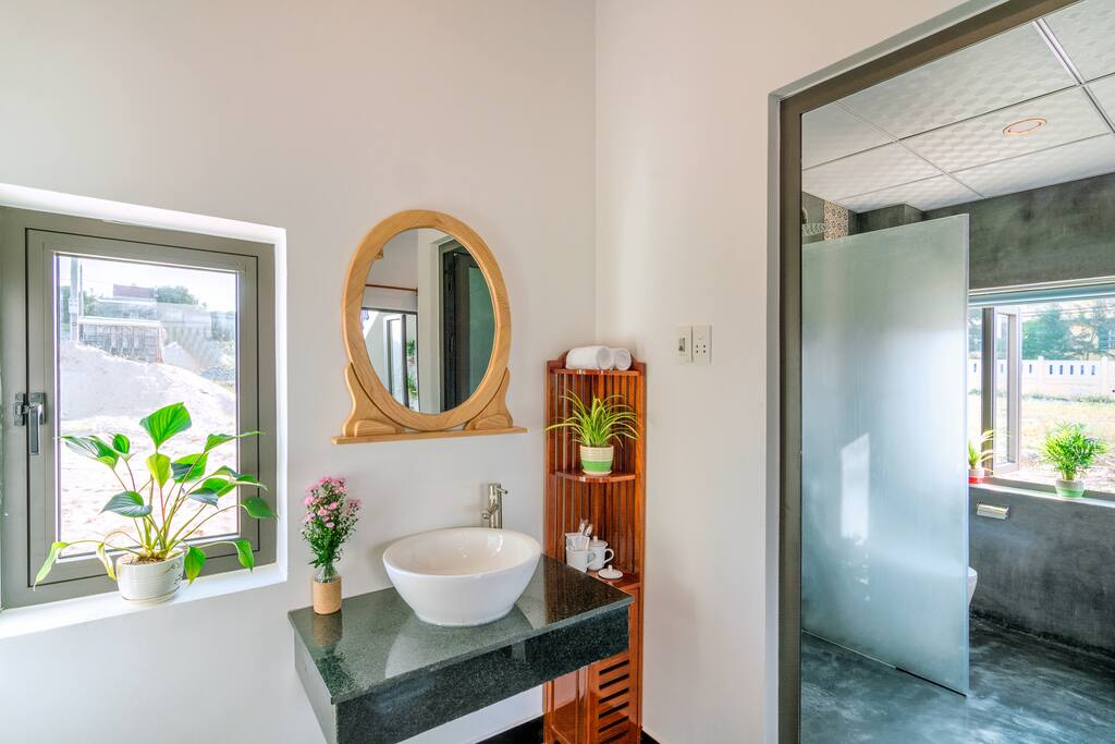 Bathroom and Lavabo with ( facetowel, razor, brush, toothbaste, soap, hair dryer, comb, iron, glass, mirror)