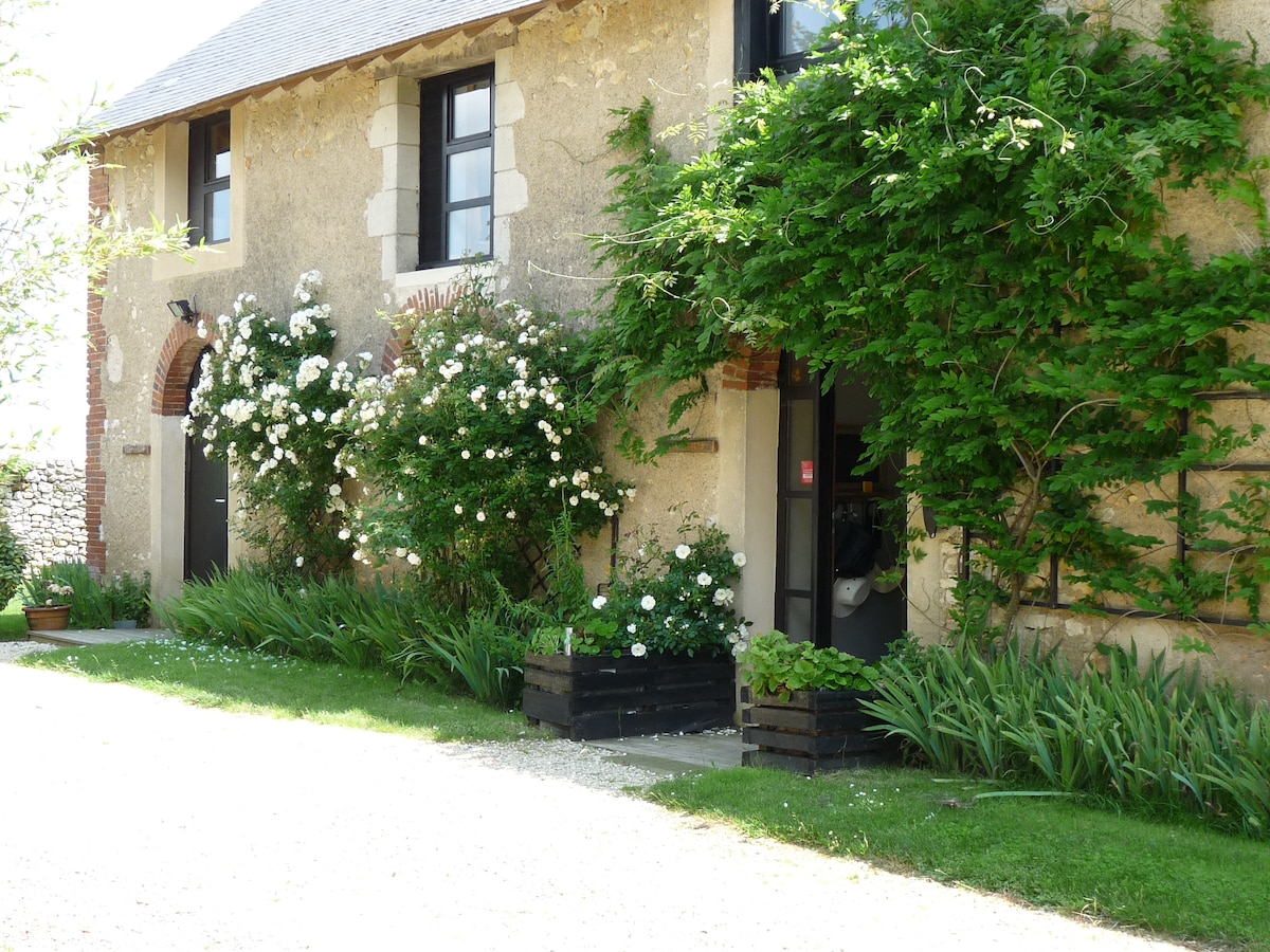 The exterior of a charming farmhouse is depicted, featuring a stone facade adorned with climbing plants and flowering shrubs. Pathways lead to the entrance doors, framed by greenery. Freshly landscaped garden beds add to the inviting atmosphere of the setting.