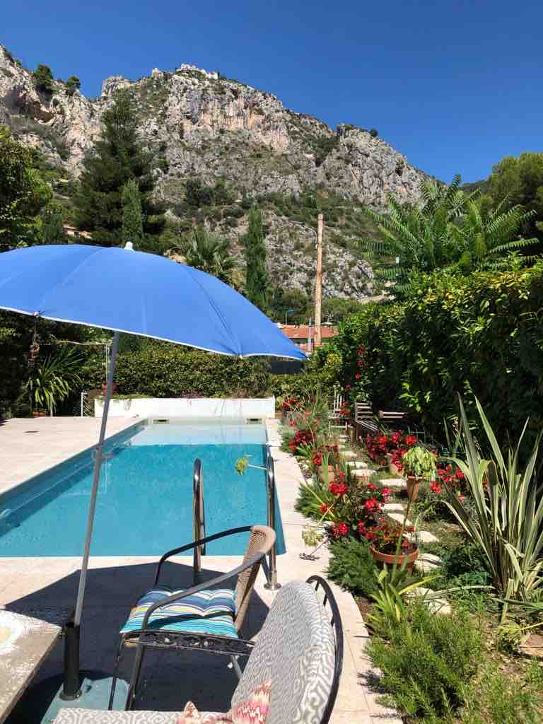 A pool area is shown with blue umbrella shade covering a seating area near the water. Lush greenery and vibrant flowers frame the space, while a rocky mountain backdrop adds a natural element to the picturesque setting.