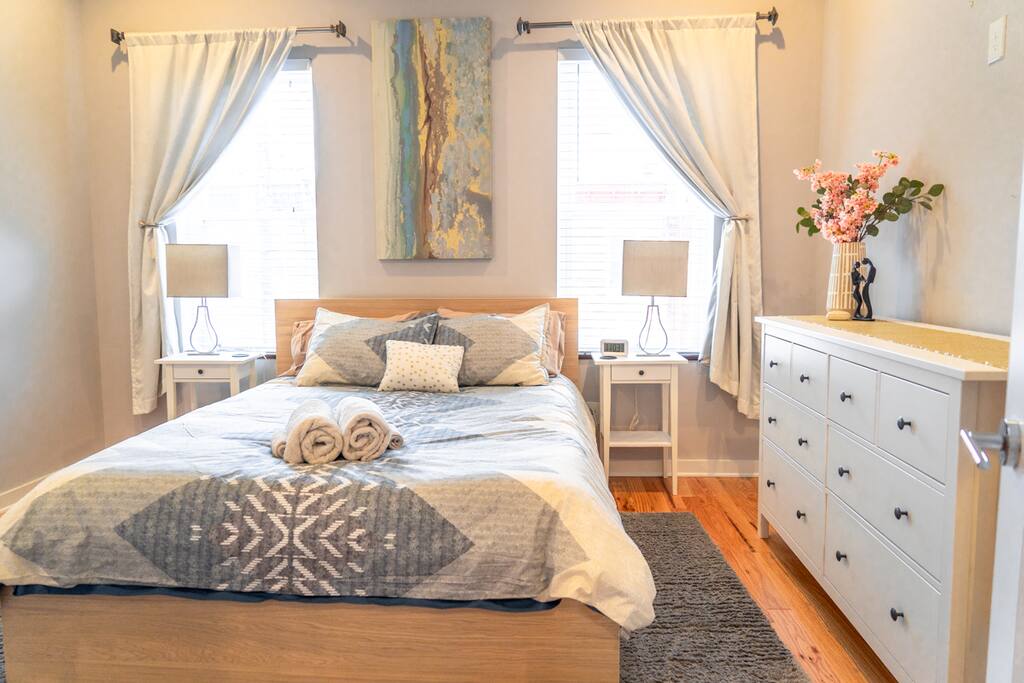 Master bedroom - queen bed w/ closet and full dresser.