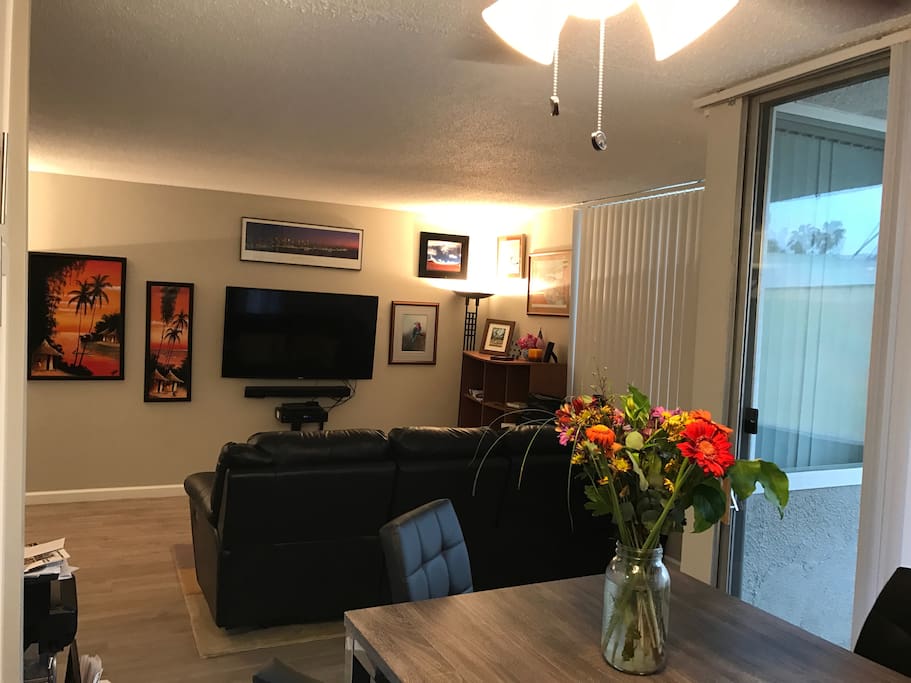 View from the kitchen of the TV area with brand new double stuffed leather sofa.