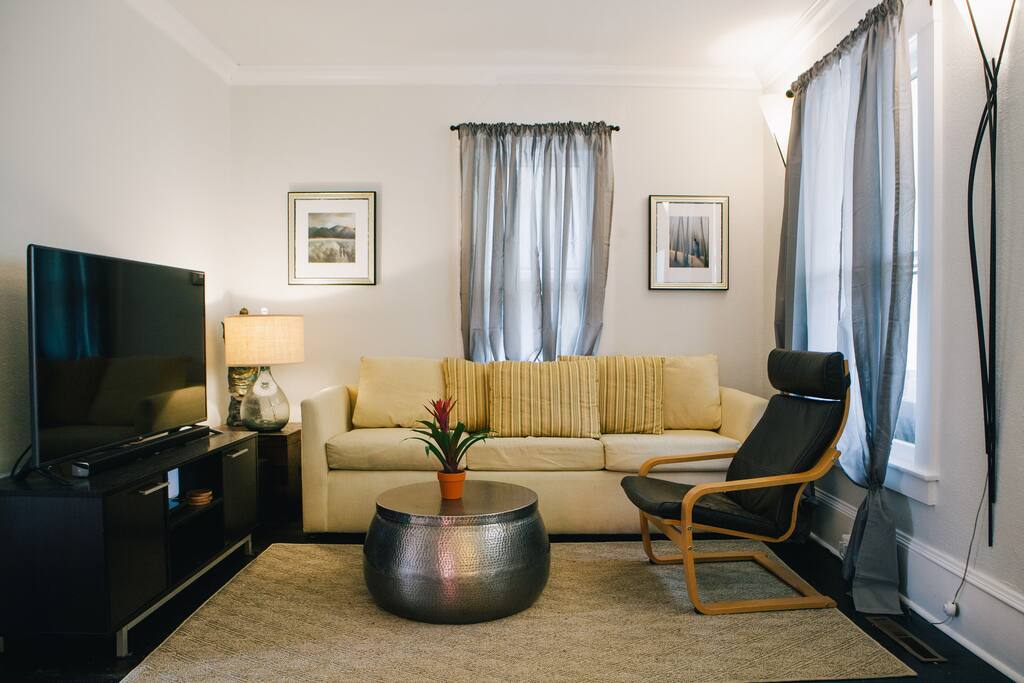 Main floor living area, Smart TV, Blu Ray player, Apple TV
