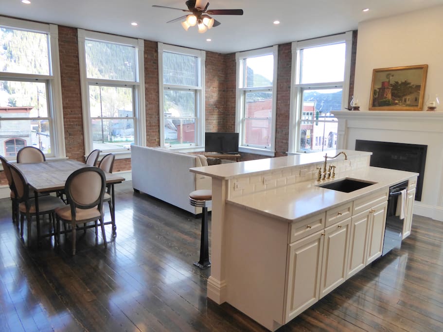 Open kitchen/living area with fireplace