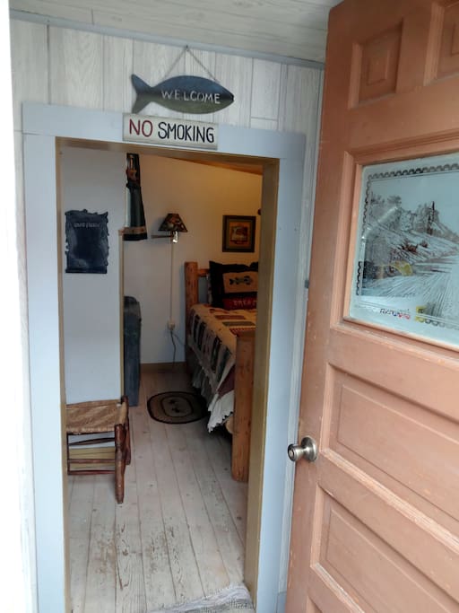 Front door into The Little Cabin in Red Lodge, Montana.