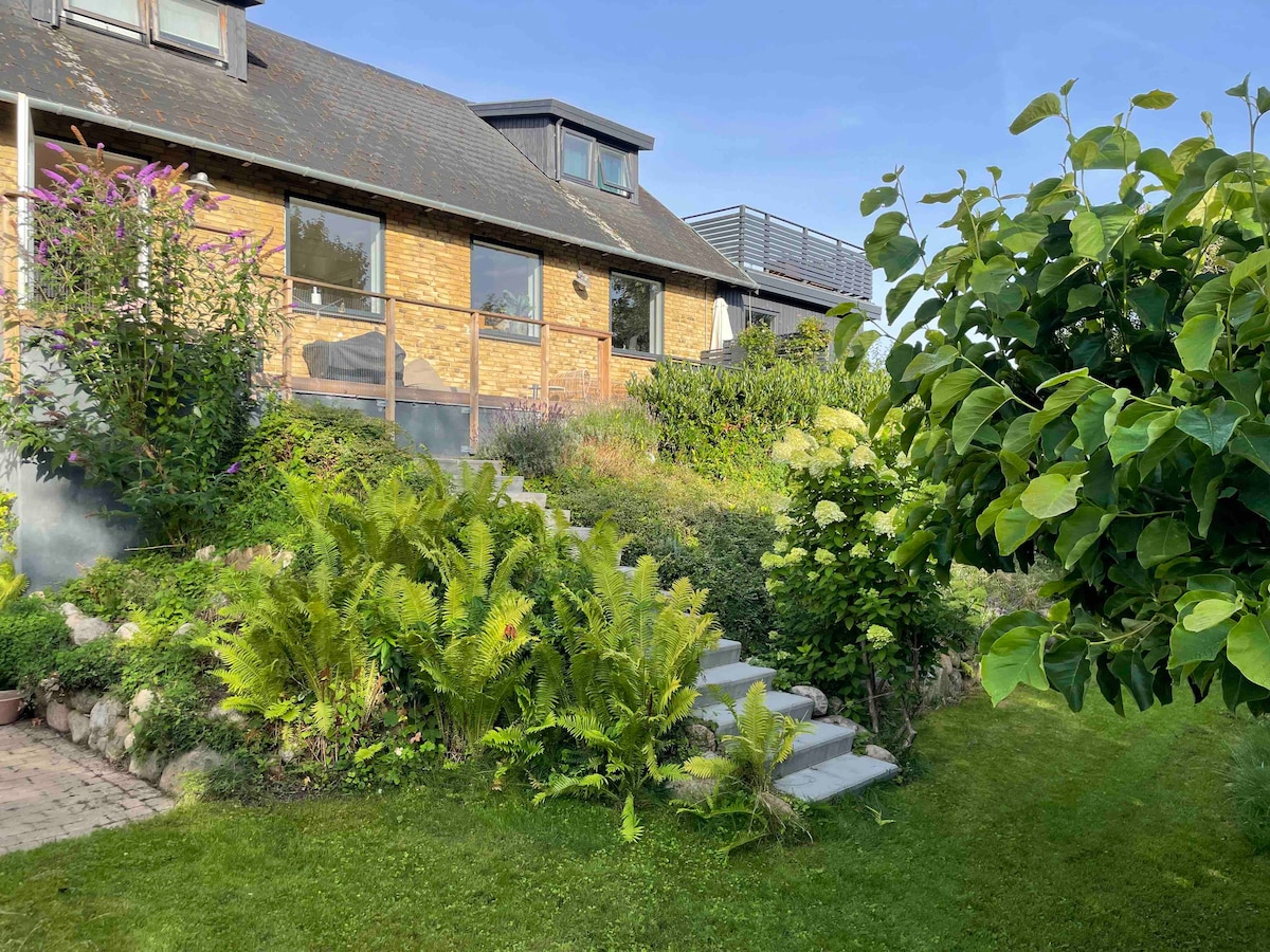 A charming house is set against a lush green backdrop, featuring a sloped garden with vibrant plants and shrubs. Stone steps lead to the entrance, framed by ferns and flowering bushes. The property showcases an inviting outdoor space with ample landscaping.