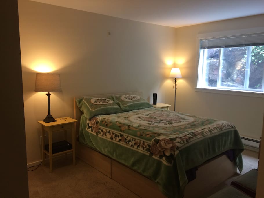 This is your bedroom. Closet space next to the bed (not visible) and a dresser too. Another Amazon Echo here too, for convenience.